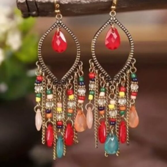 Vintage Bohemian Style Black & Gold Beaded Waterdrop Dangle Earrings Boho Hoops - Picture 5 of 6